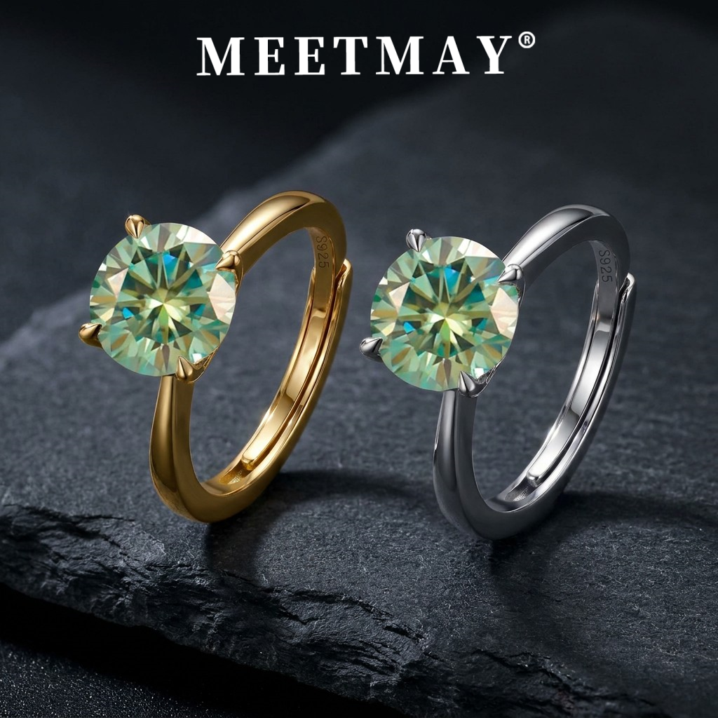 MEETMAY | Colorful Round-Cut Moissanite Adjustable Ring – S925 Sterling Silver 18K Gold Plated, GRA Certified