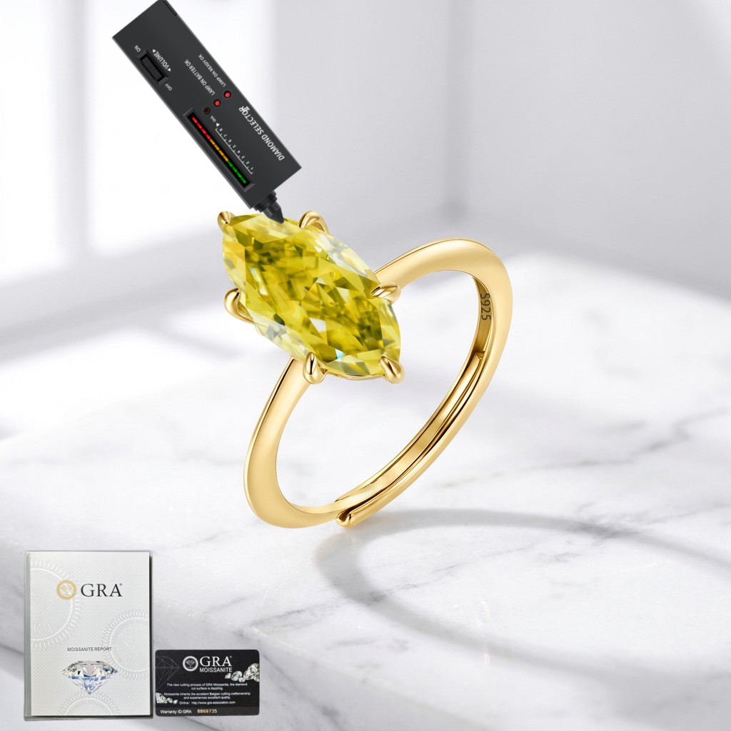 MEETMAY | Colorful Marquise-Cut Moissanite Adjustable Ring – S925 Sterling Silver 18K Gold Plated, GRA Certified
