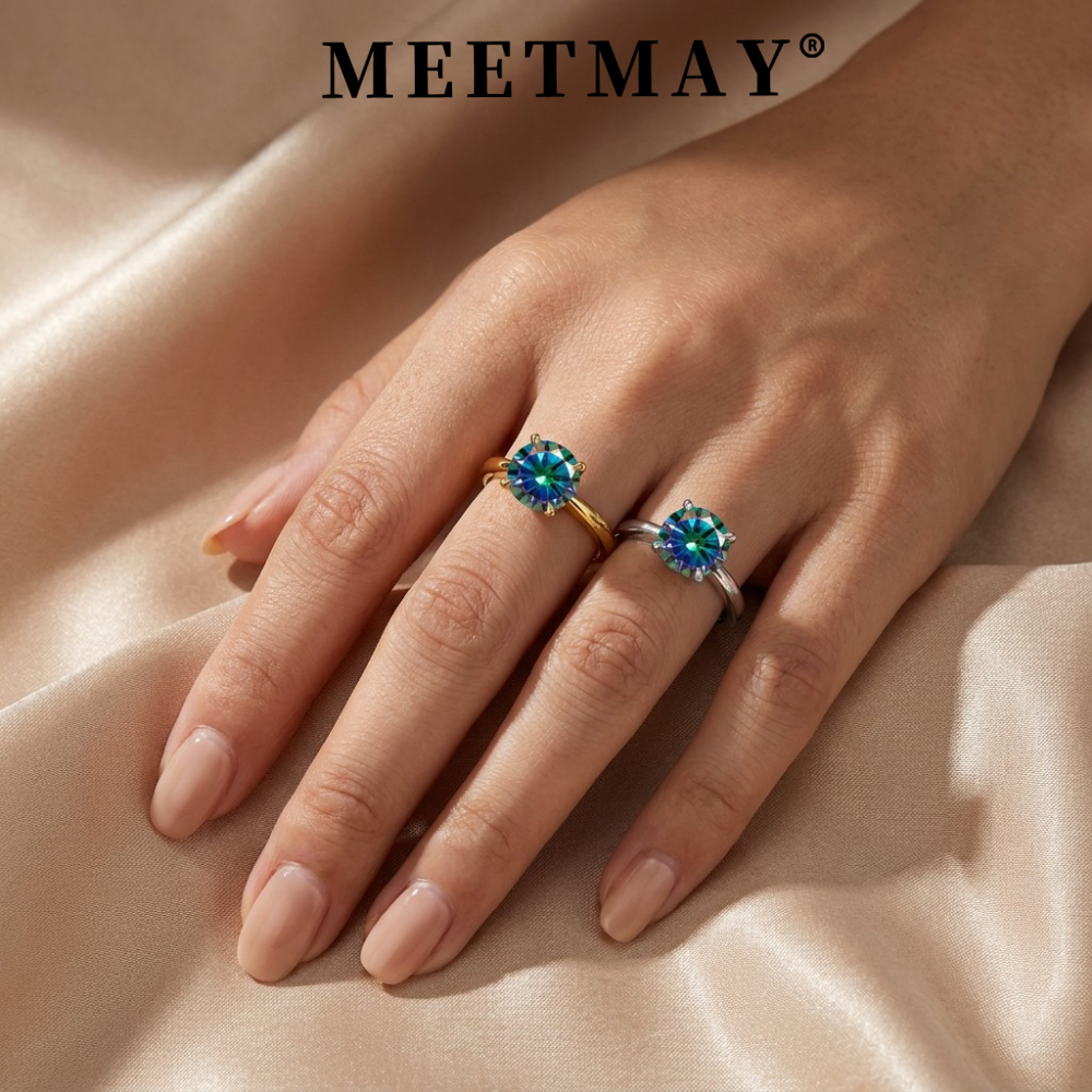 MEETMAY | Colorful Round-Cut Moissanite Adjustable Ring – S925 Sterling Silver 18K Gold Plated, GRA Certified