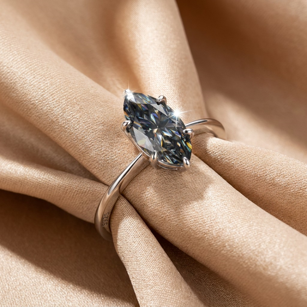 MEETMAY | Colorful Marquise-Cut Moissanite Adjustable Ring – S925 Sterling Silver 18K Gold Plated, GRA Certified