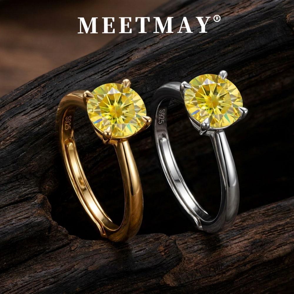 MEETMAY | Colorful Round-Cut Moissanite Adjustable Ring – S925 Sterling Silver 18K Gold Plated, GRA Certified