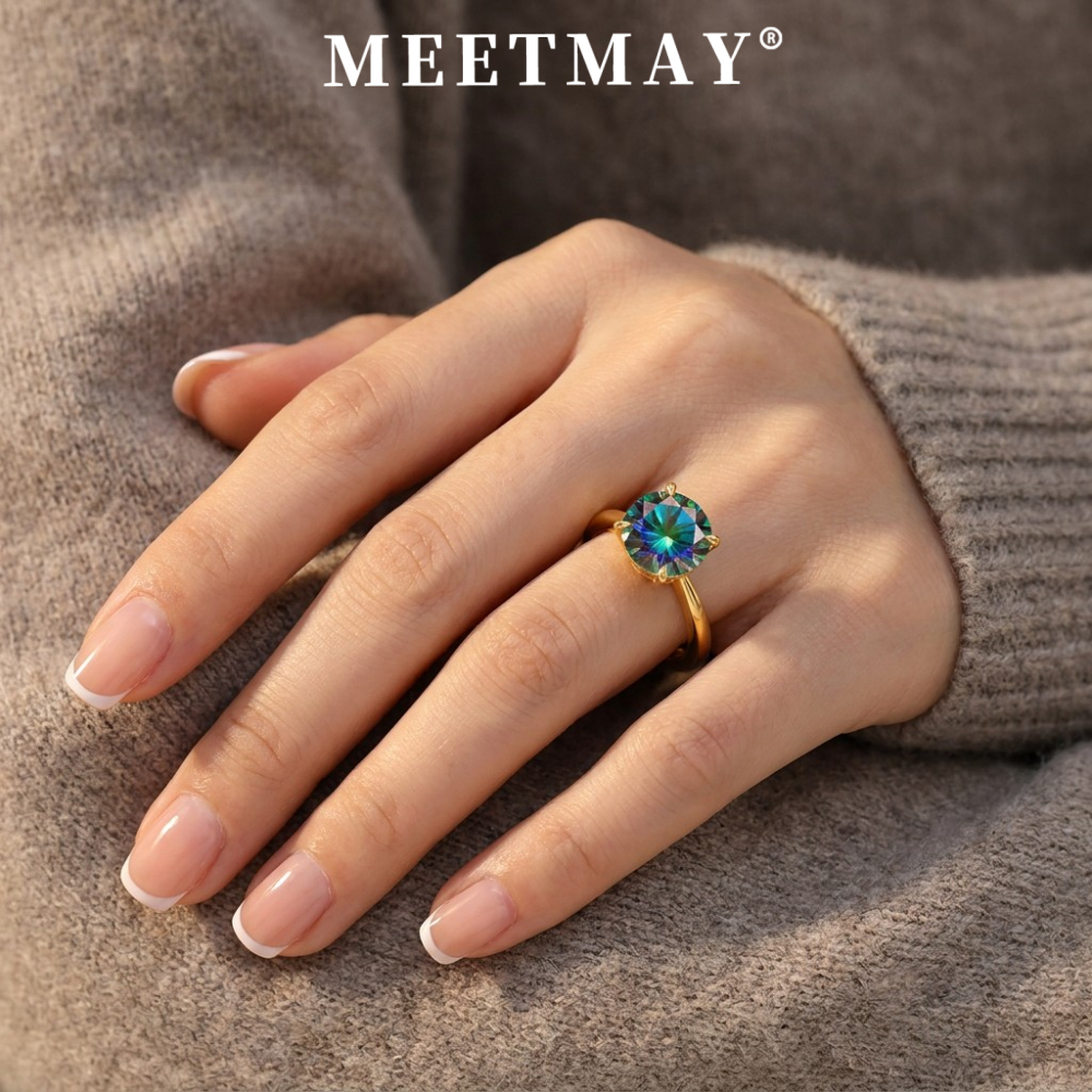 MEETMAY | Colorful Round-Cut Moissanite Adjustable Ring – S925 Sterling Silver 18K Gold Plated, GRA Certified