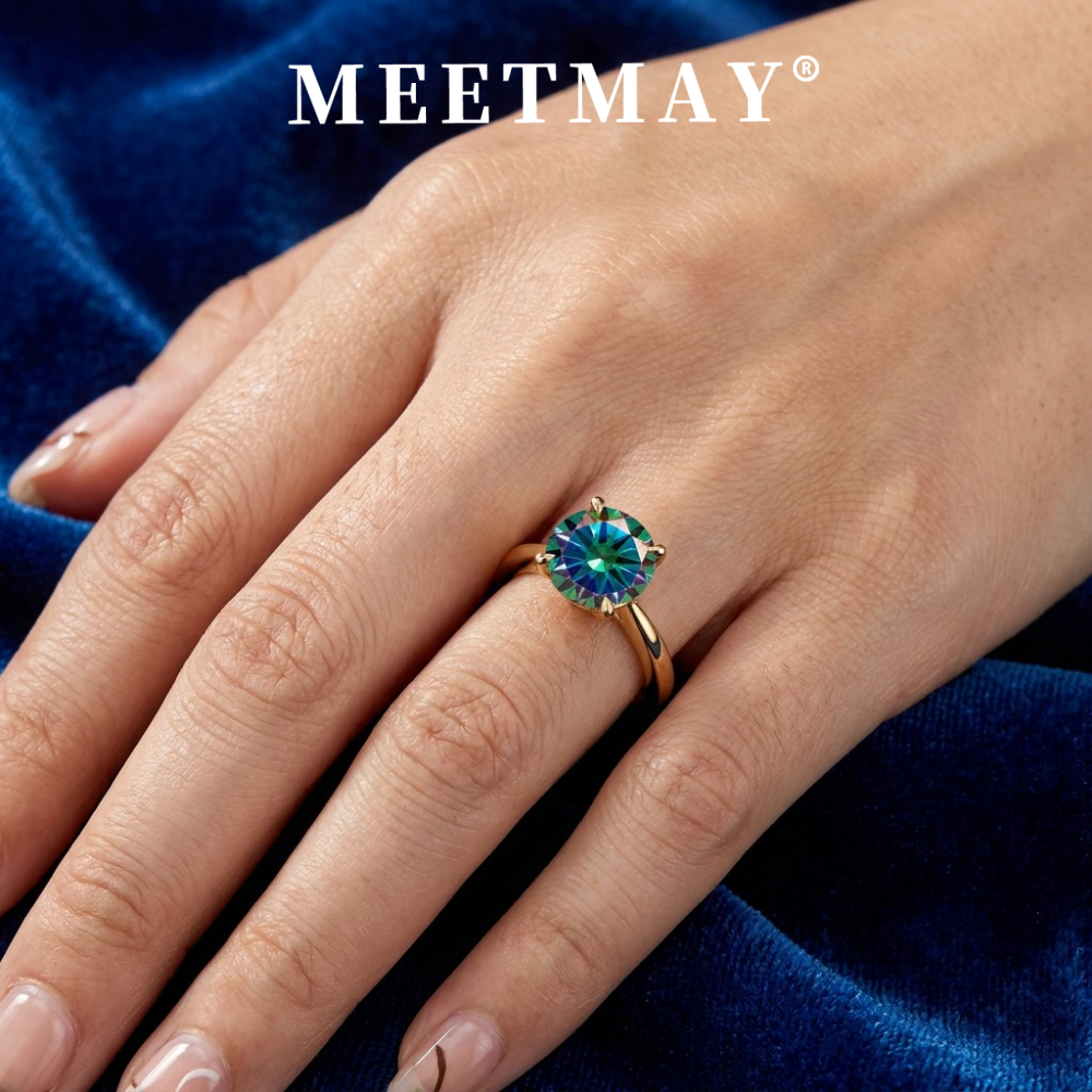 MEETMAY | Colorful Round-Cut Moissanite Adjustable Ring – S925 Sterling Silver 18K Gold Plated, GRA Certified