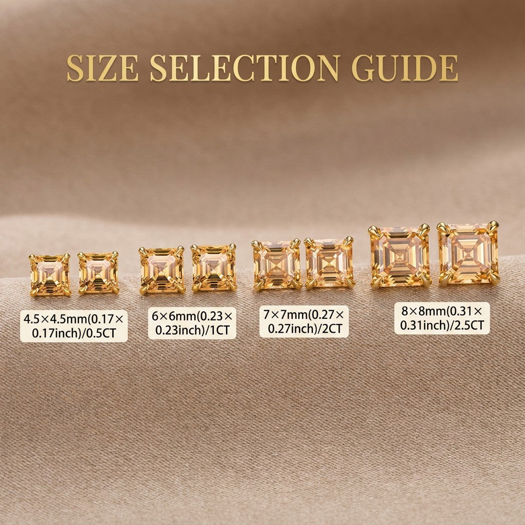 MEETMAY | Colorful Asscher-Cut Moissanite Stud Earrings – S925 Sterling Silver 18K Gold Plated, GRA Certified