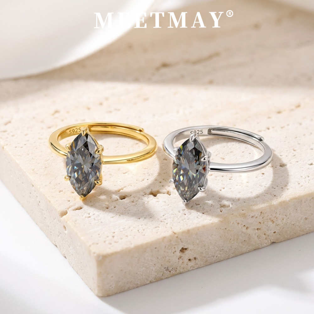 MEETMAY | Colorful Marquise-Cut Moissanite Adjustable Ring – S925 Sterling Silver 18K Gold Plated, GRA Certified