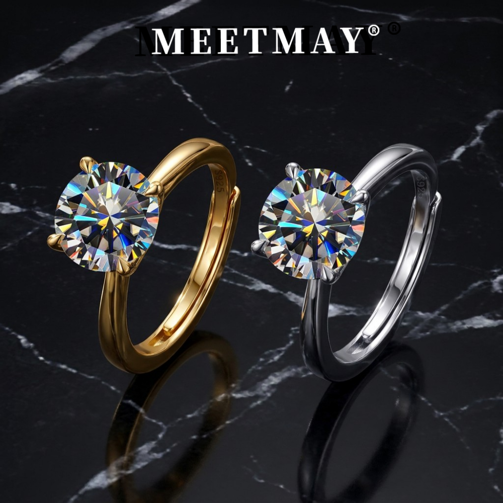MEETMAY | Colorful Round-Cut Moissanite Adjustable Ring – S925 Sterling Silver 18K Gold Plated, GRA Certified
