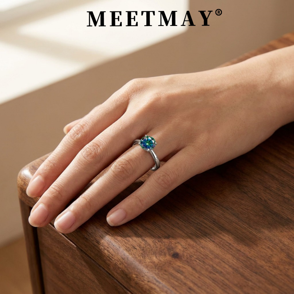 MEETMAY | Colorful Round-Cut Moissanite Adjustable Ring – S925 Sterling Silver 18K Gold Plated, GRA Certified