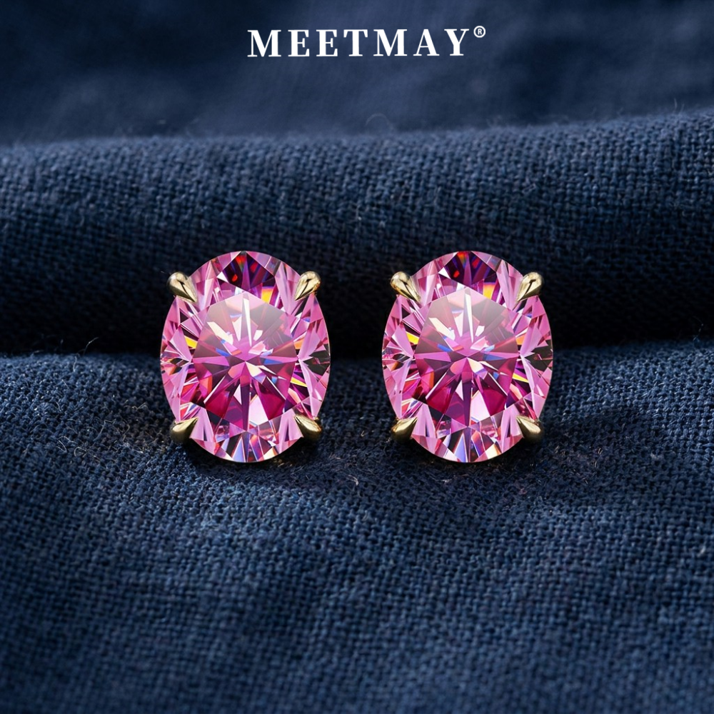MEETMAY | Colorful Oval-Cut Moissanite Stud Earrings – S925 Sterling Silver 18K Gold Plated, GRA Certified