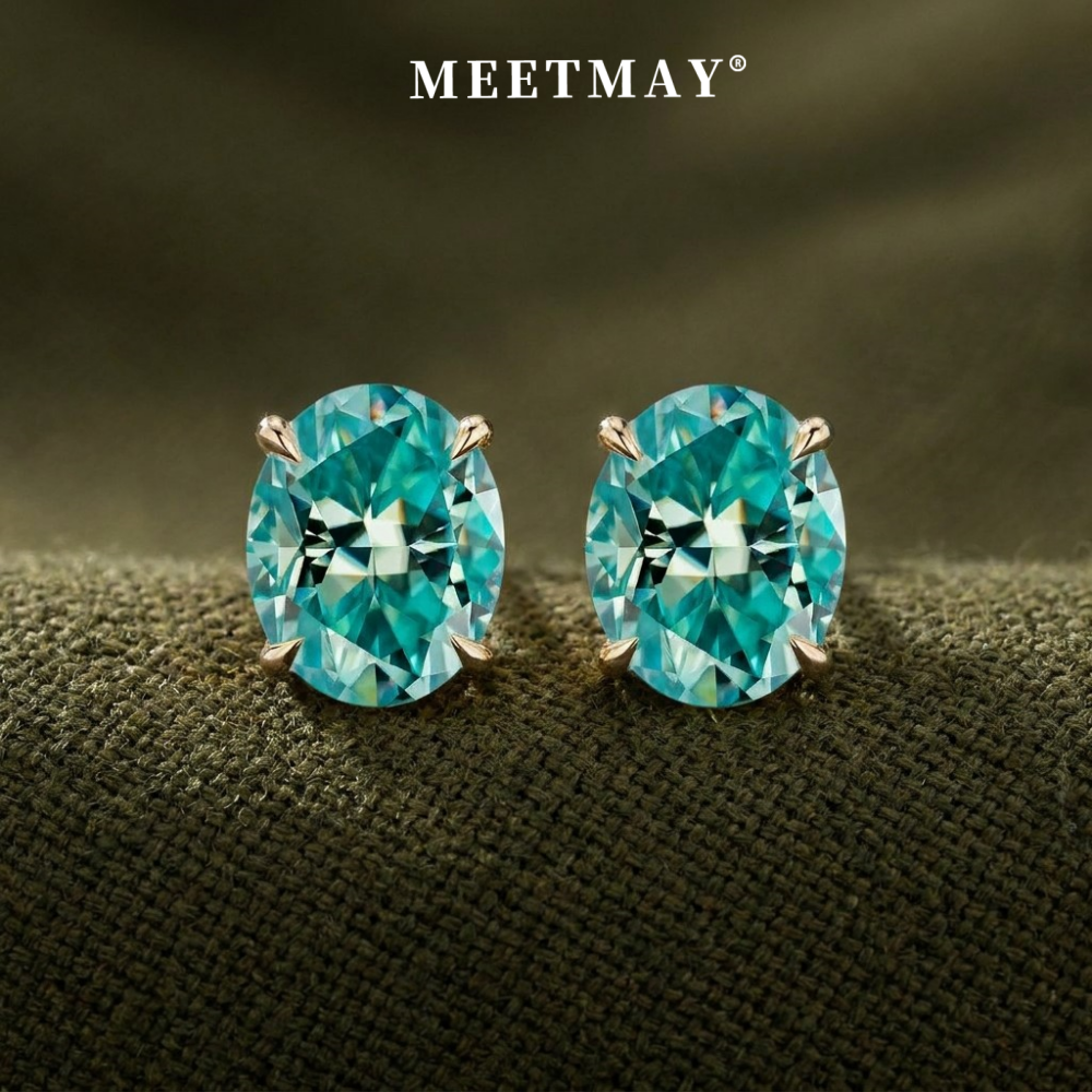 MEETMAY | Colorful Oval-Cut Moissanite Stud Earrings – S925 Sterling Silver 18K Gold Plated, GRA Certified