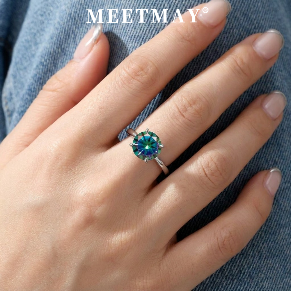MEETMAY | Colorful Round-Cut Moissanite Adjustable Ring – S925 Sterling Silver 18K Gold Plated, GRA Certified