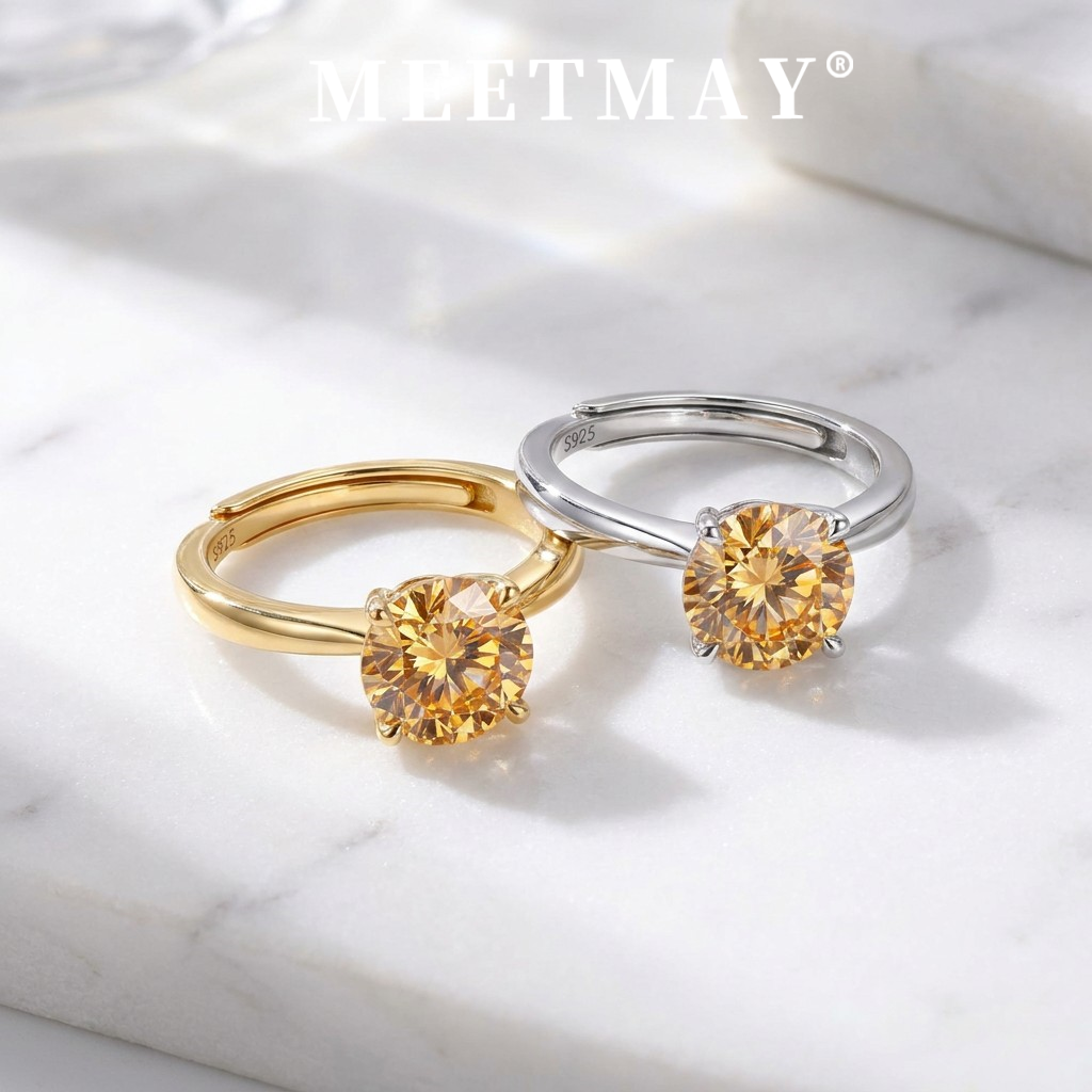 MEETMAY | Colorful Round-Cut Moissanite Adjustable Ring – S925 Sterling Silver 18K Gold Plated, GRA Certified