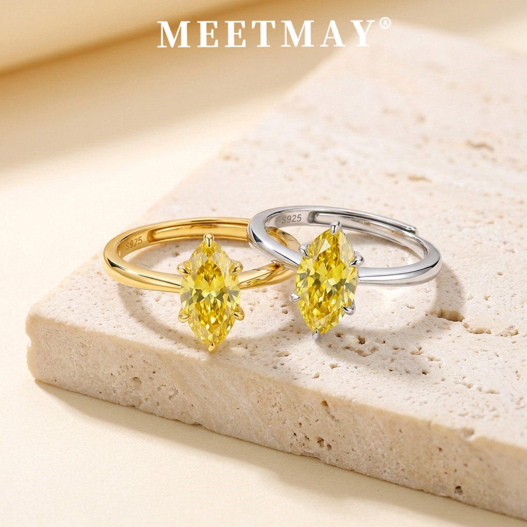 MEETMAY | Colorful Marquise-Cut Moissanite Adjustable Ring – S925 Sterling Silver 18K Gold Plated, GRA Certified
