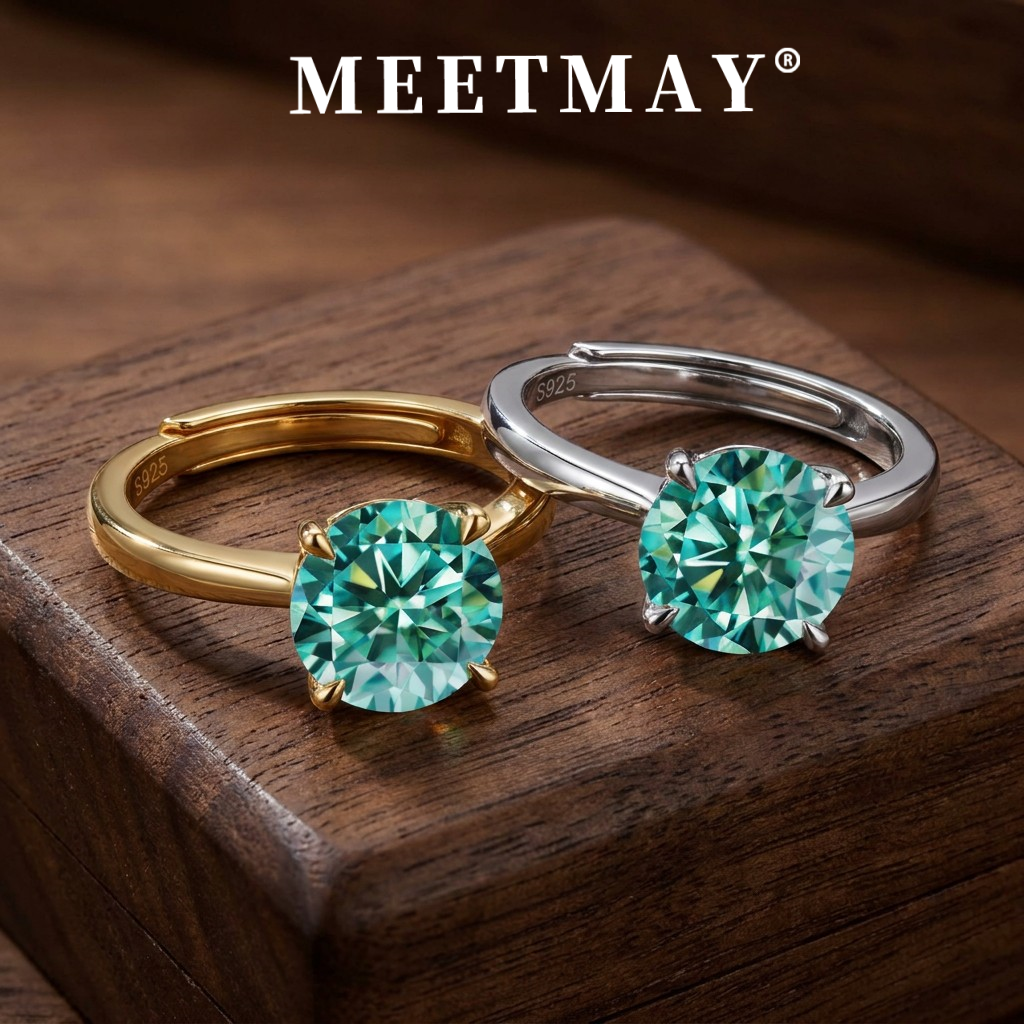 MEETMAY | Colorful Round-Cut Moissanite Adjustable Ring – S925 Sterling Silver 18K Gold Plated, GRA Certified