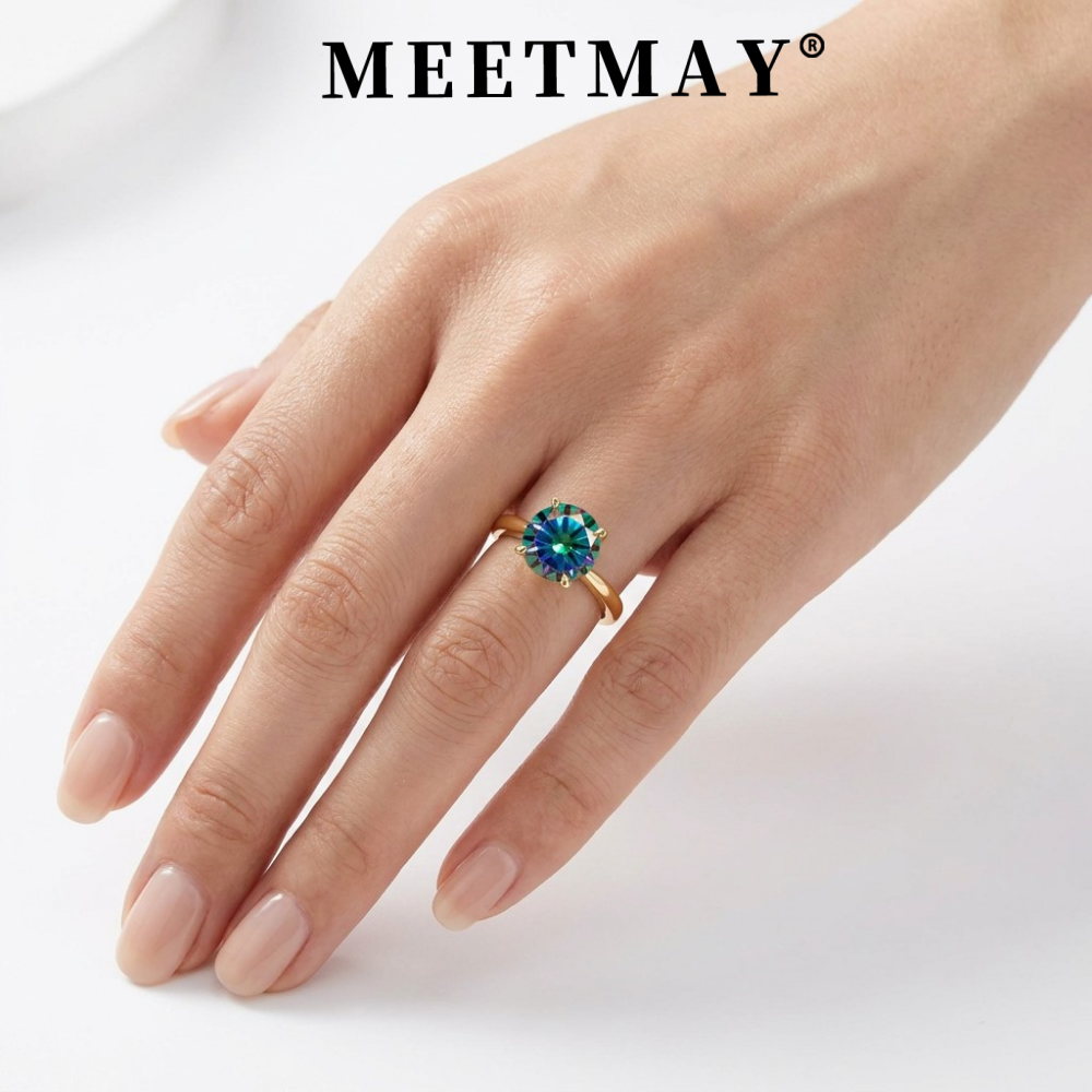 MEETMAY | Colorful Round-Cut Moissanite Adjustable Ring – S925 Sterling Silver 18K Gold Plated, GRA Certified