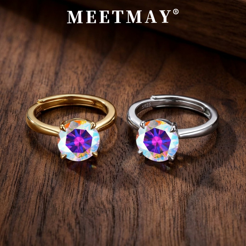 MEETMAY | Colorful Round-Cut Moissanite Adjustable Ring – S925 Sterling Silver 18K Gold Plated, GRA Certified