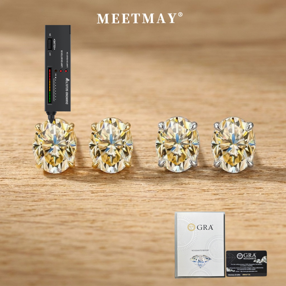 MEETMAY | Colorful Oval-Cut Moissanite Stud Earrings – S925 Sterling Silver 18K Gold Plated, GRA Certified
