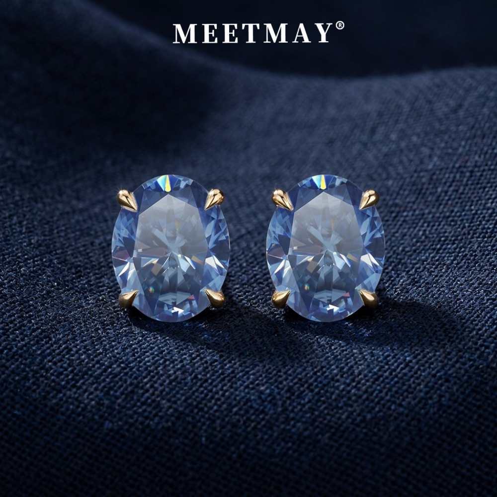 MEETMAY | Colorful Oval-Cut Moissanite Stud Earrings – S925 Sterling Silver 18K Gold Plated, GRA Certified