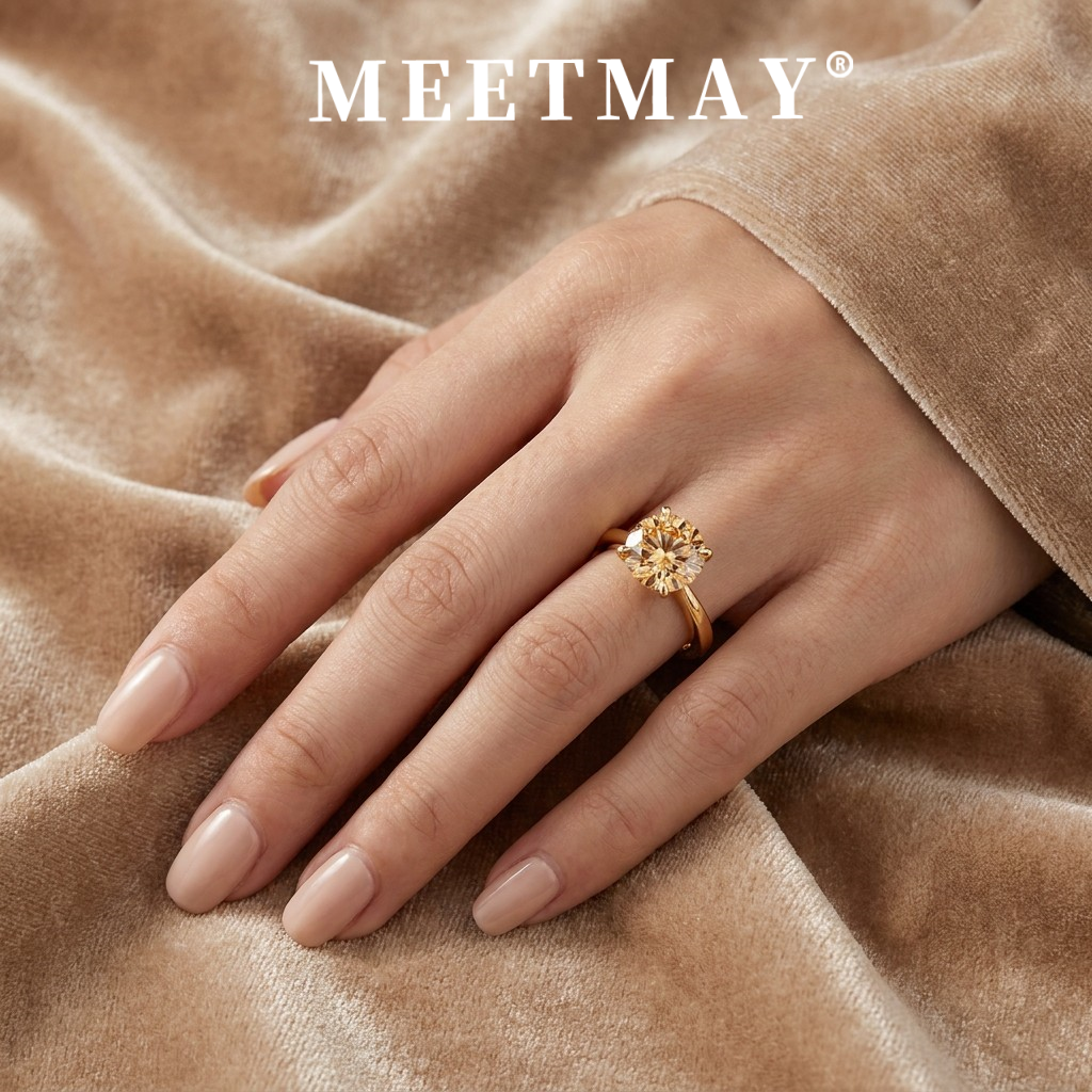 MEETMAY | Colorful Round-Cut Moissanite Adjustable Ring – S925 Sterling Silver 18K Gold Plated, GRA Certified