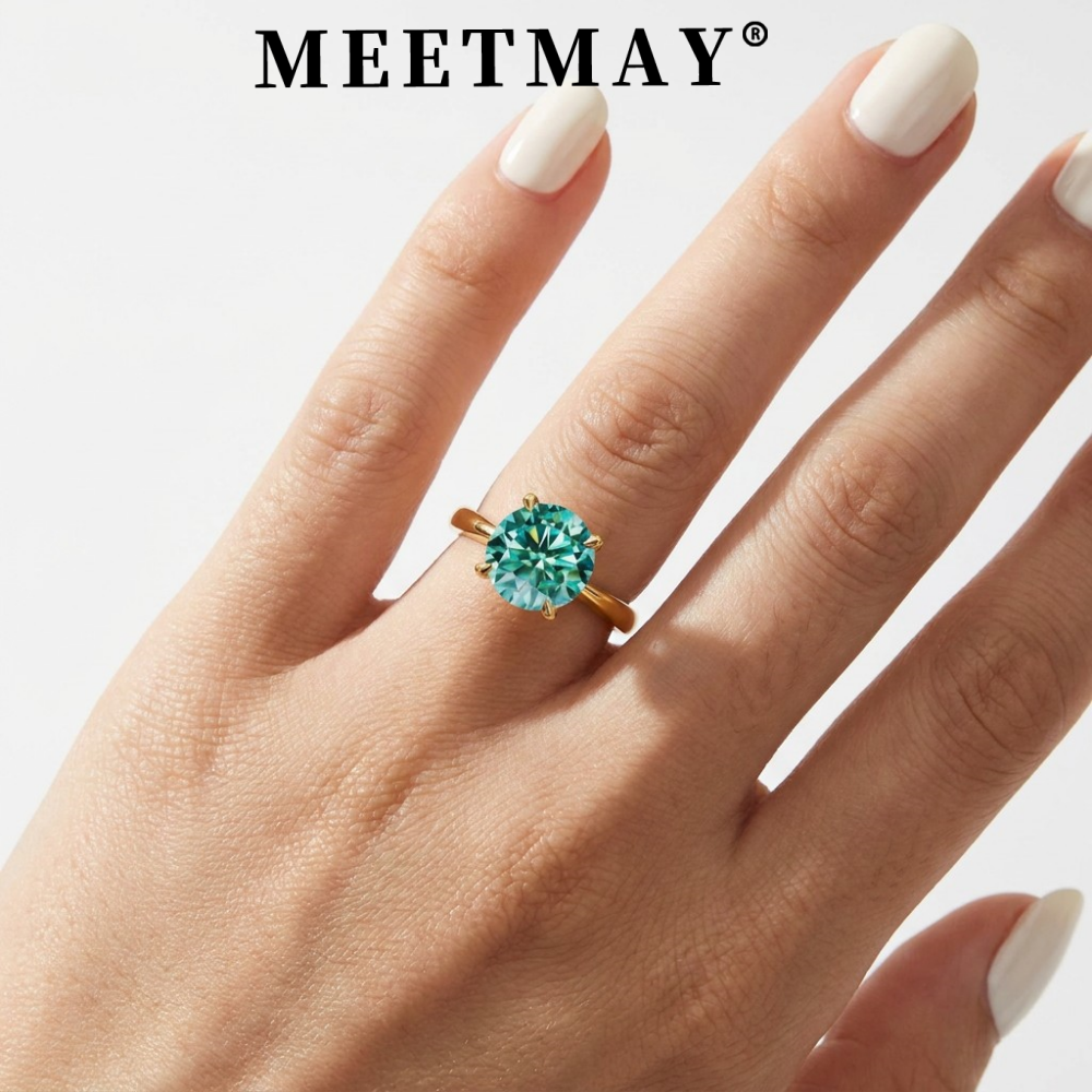 MEETMAY | Colorful Round-Cut Moissanite Adjustable Ring – S925 Sterling Silver 18K Gold Plated, GRA Certified