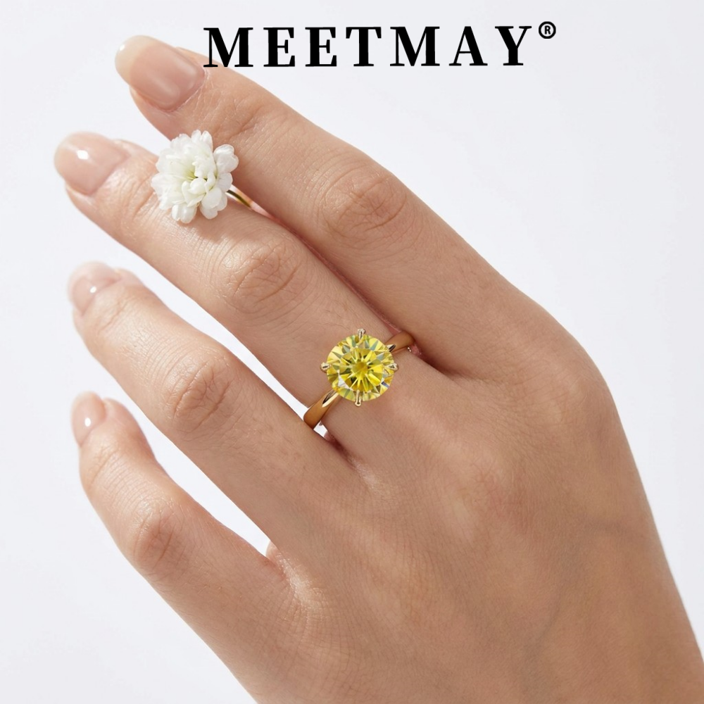 MEETMAY | Colorful Round-Cut Moissanite Adjustable Ring – S925 Sterling Silver 18K Gold Plated, GRA Certified