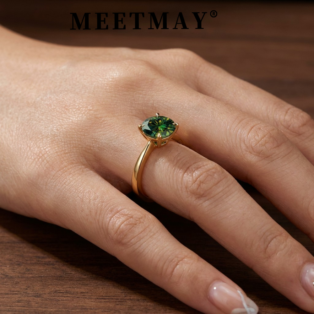MEETMAY | Colorful Round-Cut Moissanite Adjustable Ring – S925 Sterling Silver 18K Gold Plated, GRA Certified