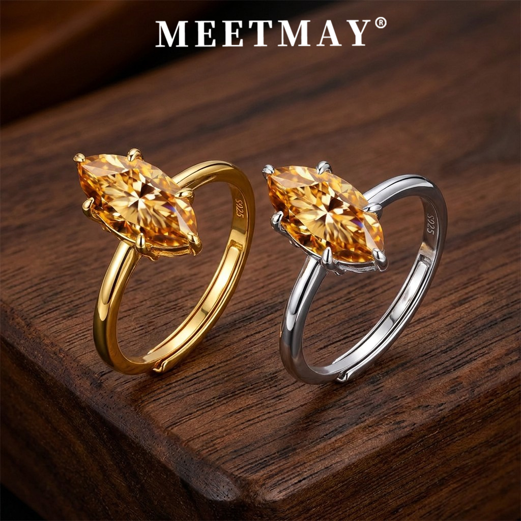 MEETMAY | Colorful Marquise-Cut Moissanite Adjustable Ring – S925 Sterling Silver 18K Gold Plated, GRA Certified