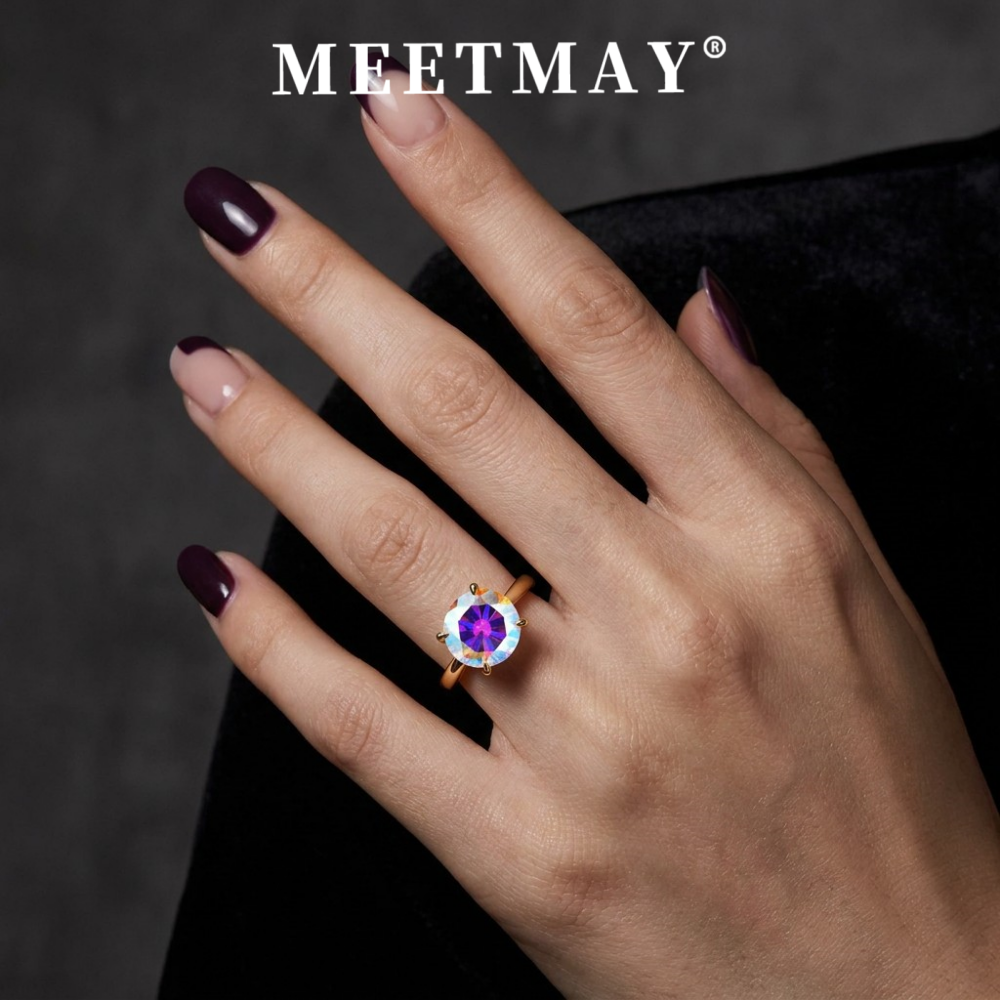 MEETMAY | Colorful Round-Cut Moissanite Adjustable Ring – S925 Sterling Silver 18K Gold Plated, GRA Certified