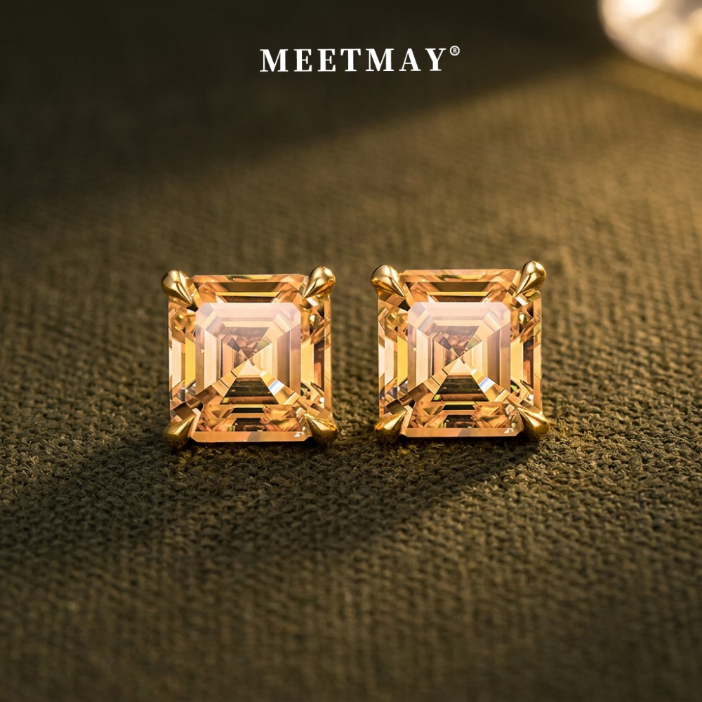MEETMAY | Colorful Asscher-Cut Moissanite Stud Earrings – S925 Sterling Silver 18K Gold Plated, GRA Certified