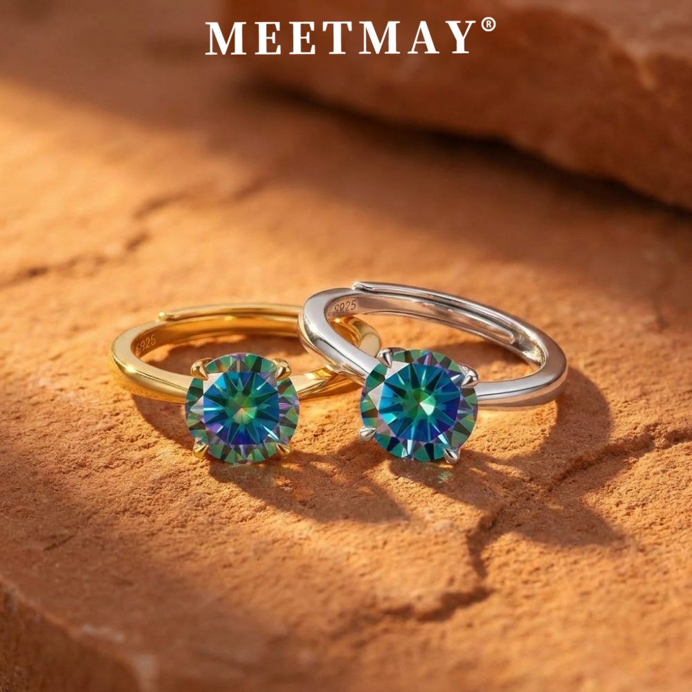MEETMAY | Colorful Round-Cut Moissanite Adjustable Ring – S925 Sterling Silver 18K Gold Plated, GRA Certified