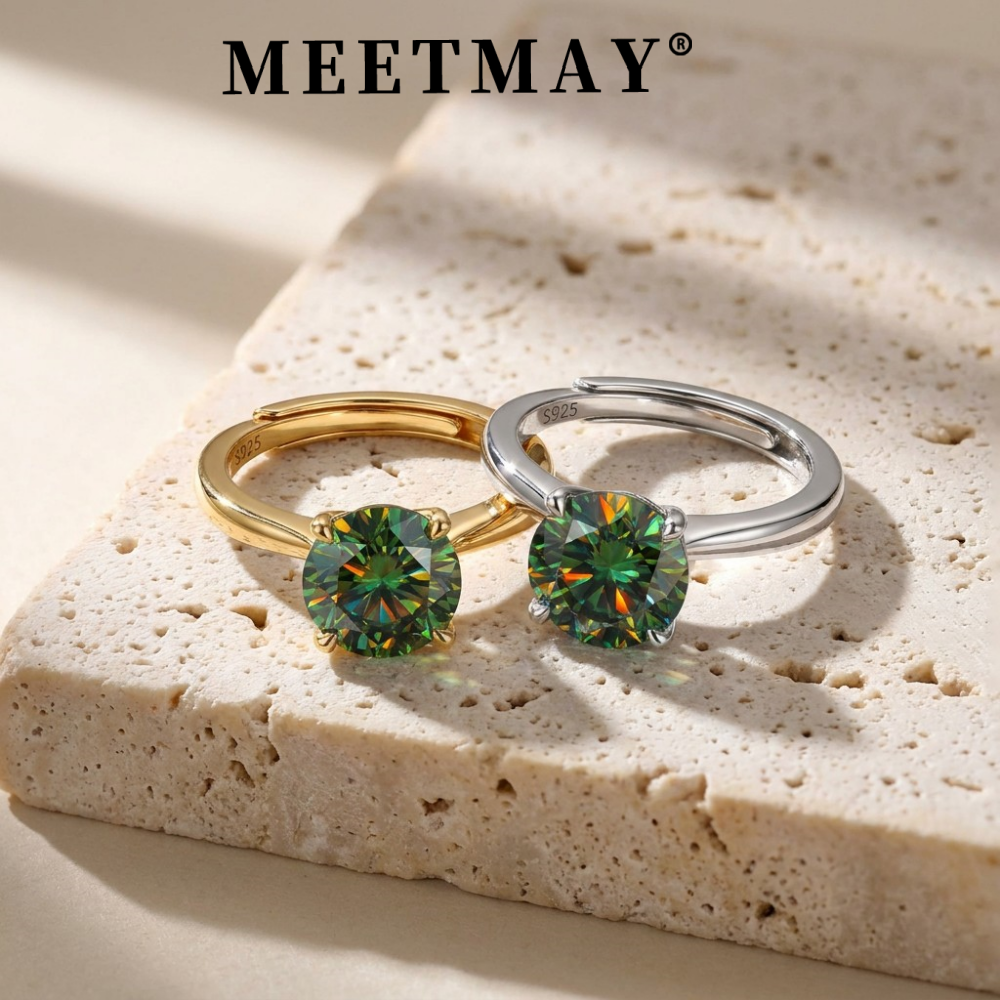MEETMAY | Colorful Round-Cut Moissanite Adjustable Ring – S925 Sterling Silver 18K Gold Plated, GRA Certified