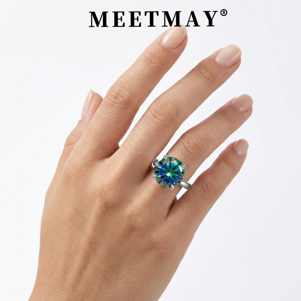 MEETMAY | Colorful Round-Cut Moissanite Adjustable Ring – S925 Sterling Silver 18K Gold Plated, GRA Certified