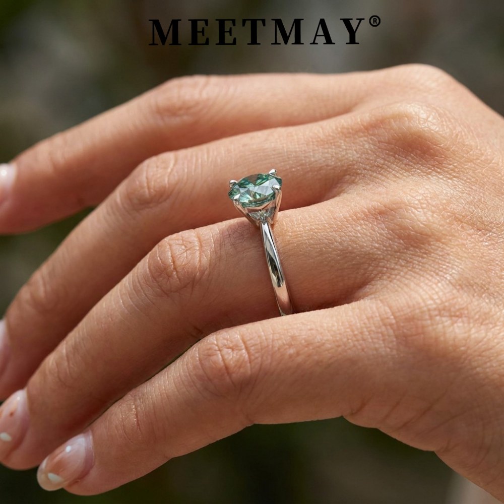 MEETMAY | Colorful Round-Cut Moissanite Adjustable Ring – S925 Sterling Silver 18K Gold Plated, GRA Certified