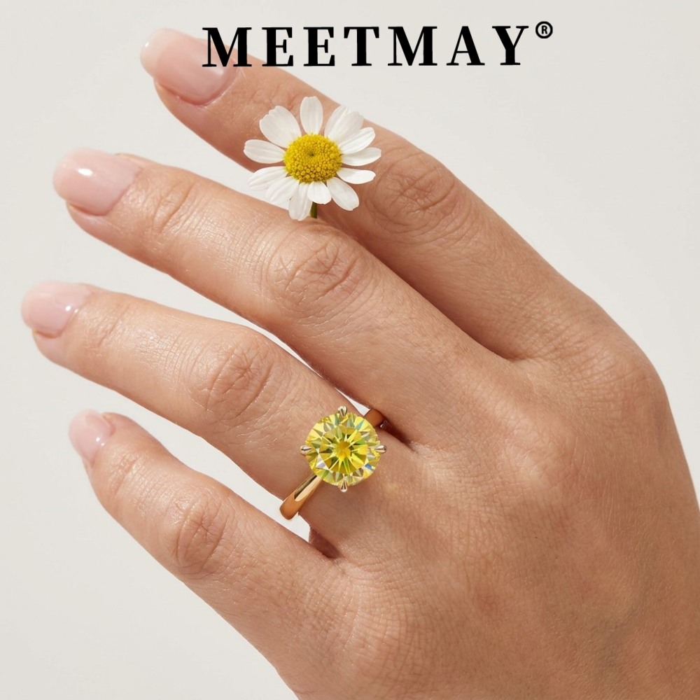 MEETMAY | Colorful Round-Cut Moissanite Adjustable Ring – S925 Sterling Silver 18K Gold Plated, GRA Certified