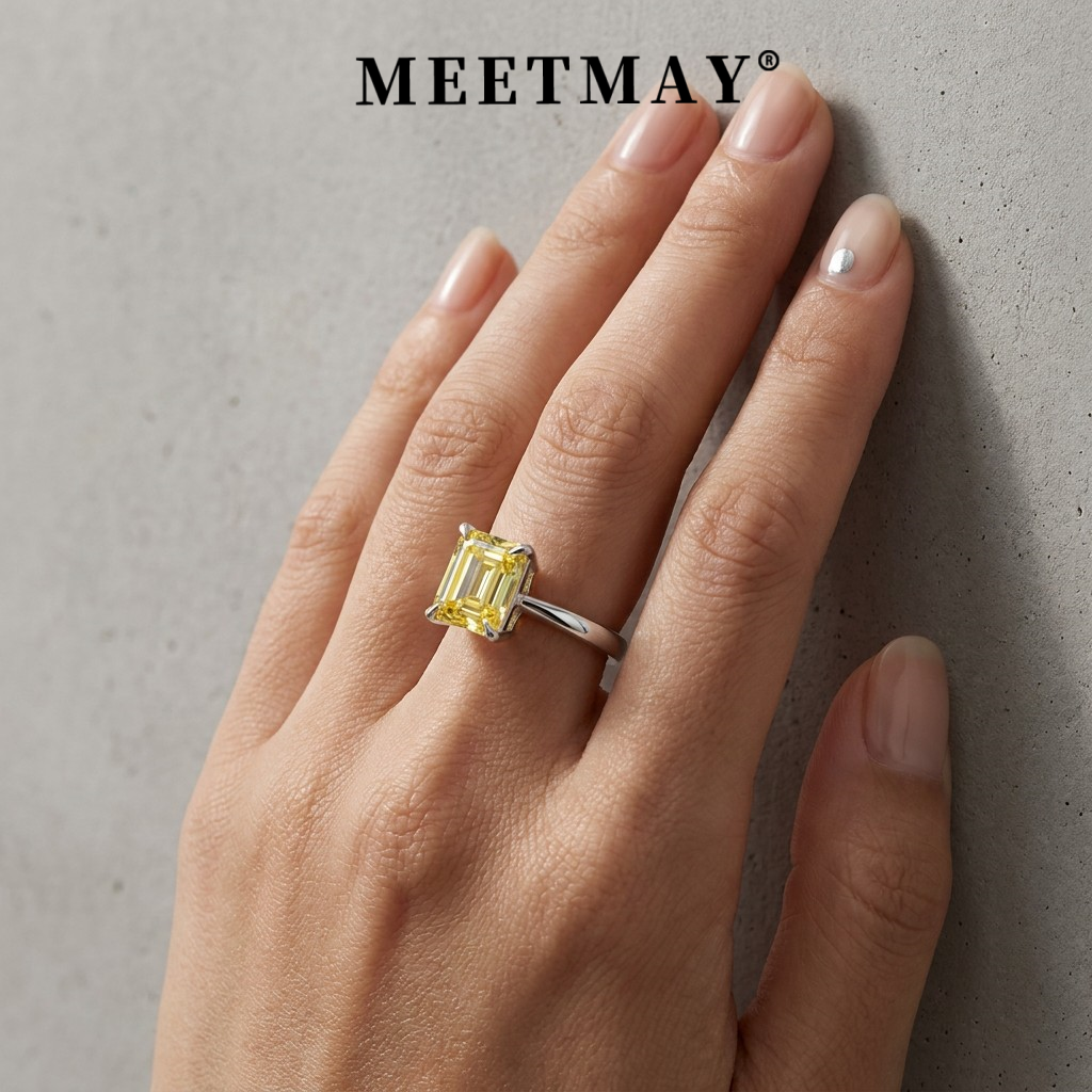 MEETMAY | Colorful Emerald-Cut Moissanite Adjustable Ring – S925 Sterling Silver 18K Gold Plated, GRA Certified