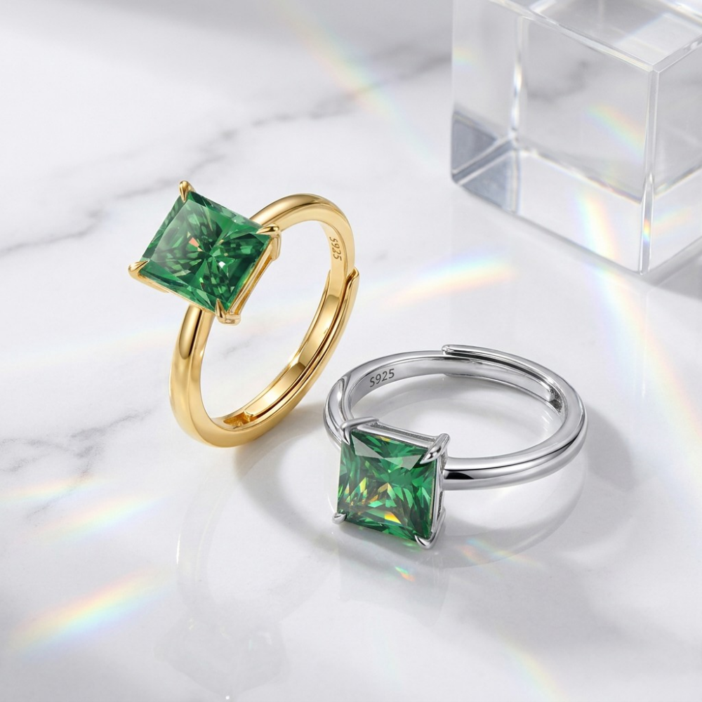 MEETMAY | Colorful Radiant-Cut Moissanite Adjustable Ring – S925 Sterling Silver 18K Gold Plated, GRA Certified