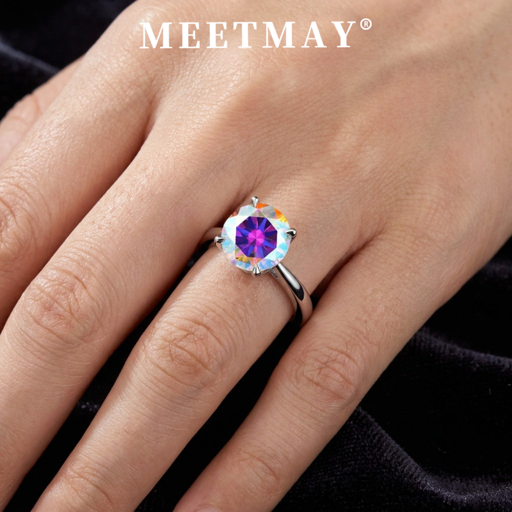 MEETMAY | Colorful Round-Cut Moissanite Adjustable Ring – S925 Sterling Silver 18K Gold Plated, GRA Certified