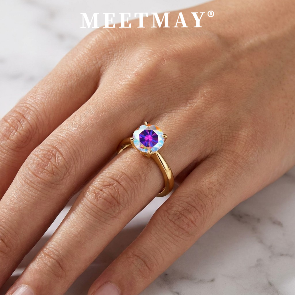 MEETMAY | Colorful Round-Cut Moissanite Adjustable Ring – S925 Sterling Silver 18K Gold Plated, GRA Certified