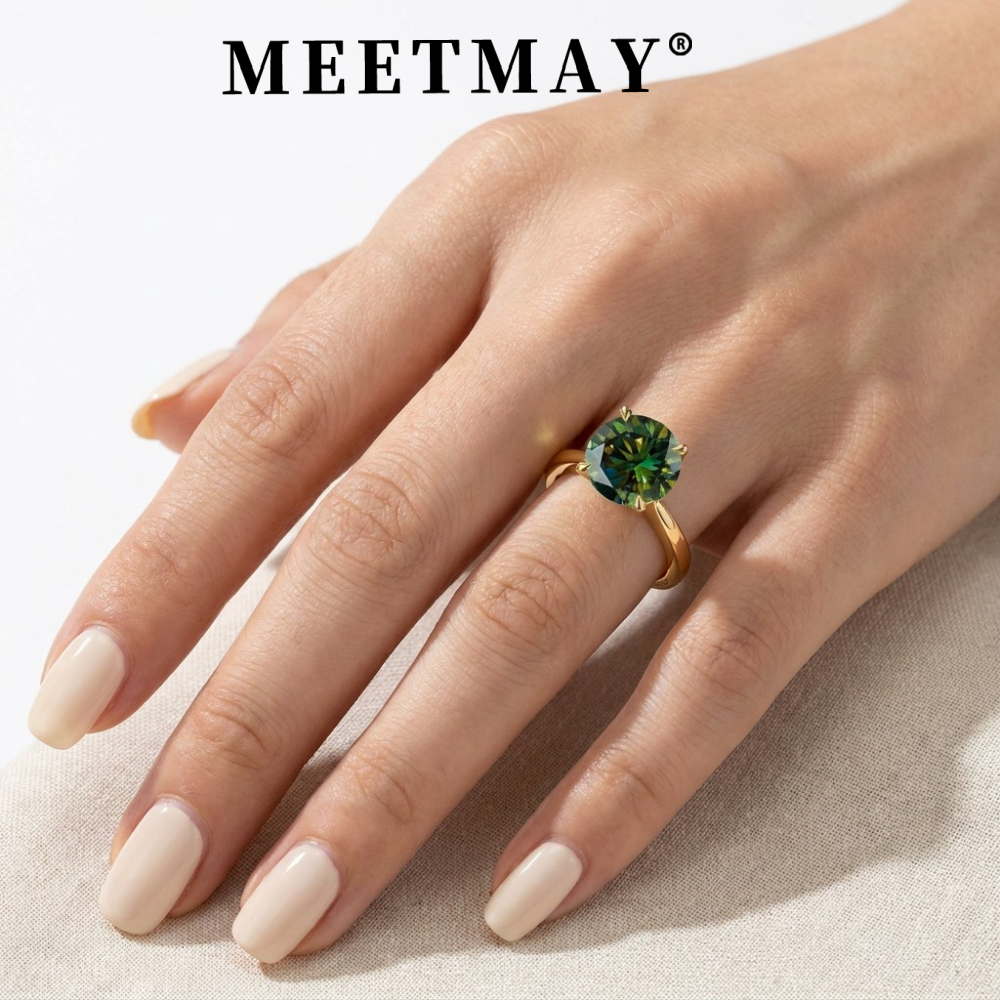 MEETMAY | Colorful Round-Cut Moissanite Adjustable Ring – S925 Sterling Silver 18K Gold Plated, GRA Certified