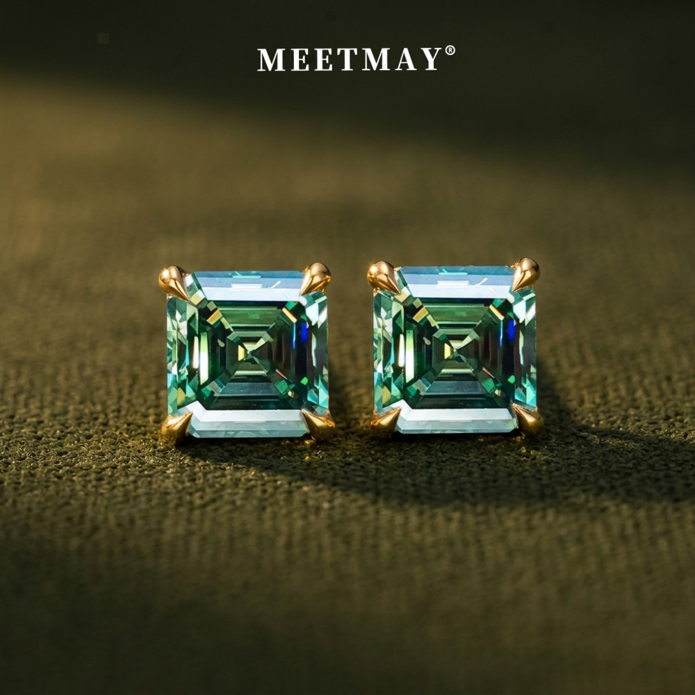 MEETMAY | Colorful Asscher-Cut Moissanite Stud Earrings – S925 Sterling Silver 18K Gold Plated, GRA Certified