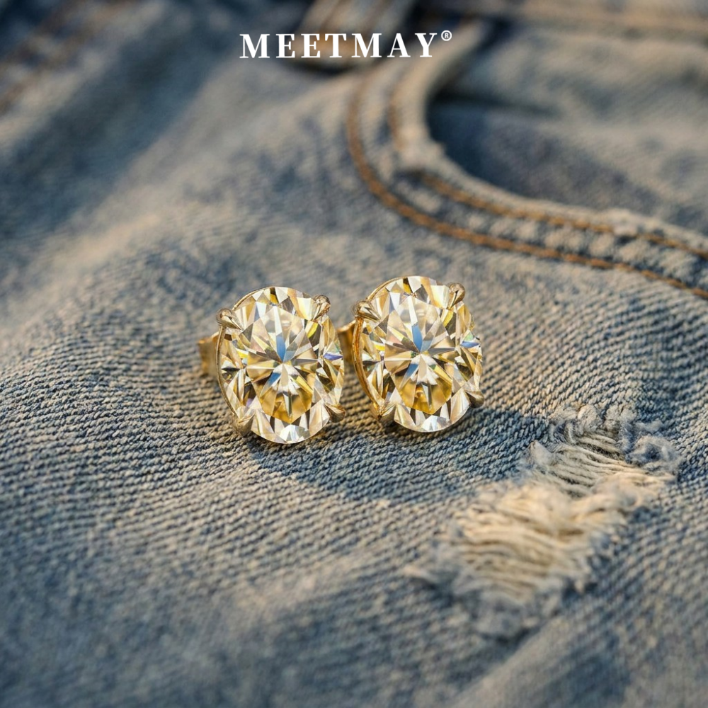 MEETMAY | Colorful Oval-Cut Moissanite Stud Earrings – S925 Sterling Silver 18K Gold Plated, GRA Certified