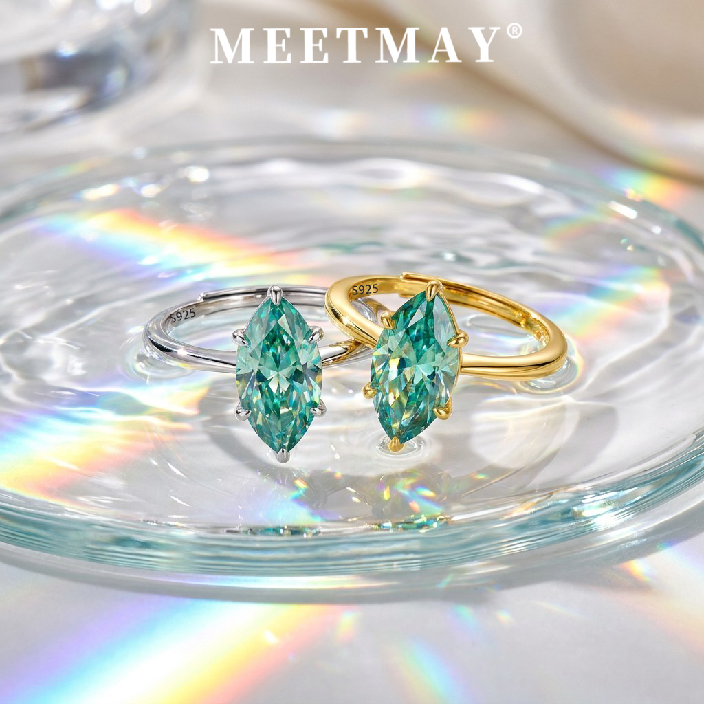 MEETMAY | Colorful Marquise-Cut Moissanite Adjustable Ring – S925 Sterling Silver 18K Gold Plated, GRA Certified