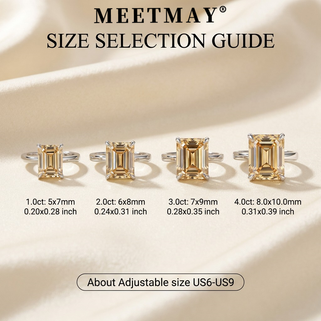 MEETMAY | Colorful Emerald-Cut Moissanite Adjustable Ring – S925 Sterling Silver 18K Gold Plated, GRA Certified