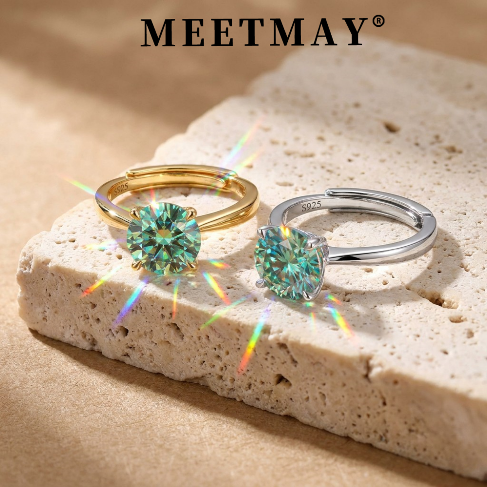 MEETMAY | Colorful Round-Cut Moissanite Adjustable Ring – S925 Sterling Silver 18K Gold Plated, GRA Certified