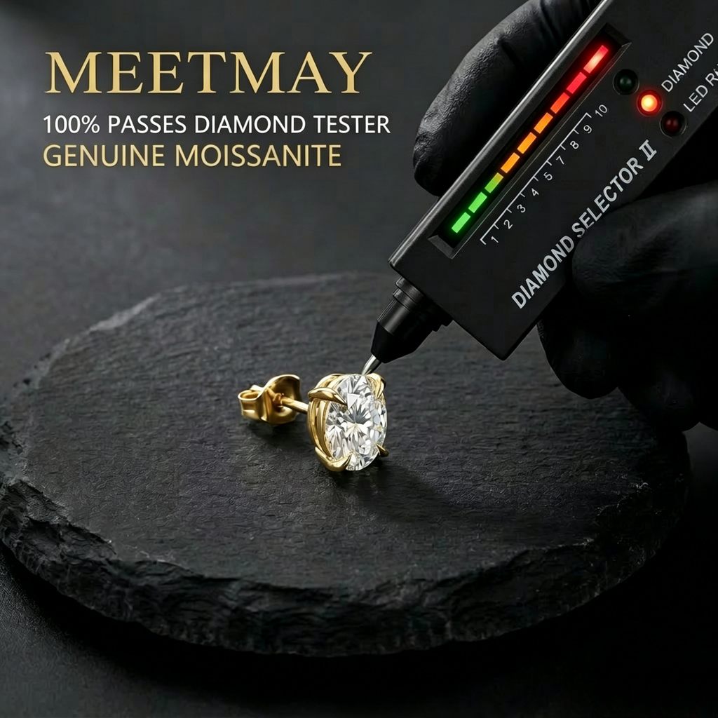 MEETMAY | Oval-Cut Moissanite Stud Earrings – S925 Sterling Silver 18K Gold Plated, GRA Certified