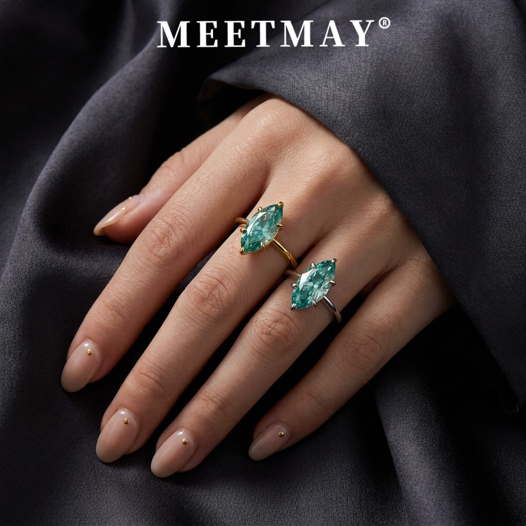 MEETMAY | Colorful Marquise-Cut Moissanite Adjustable Ring – S925 Sterling Silver 18K Gold Plated, GRA Certified