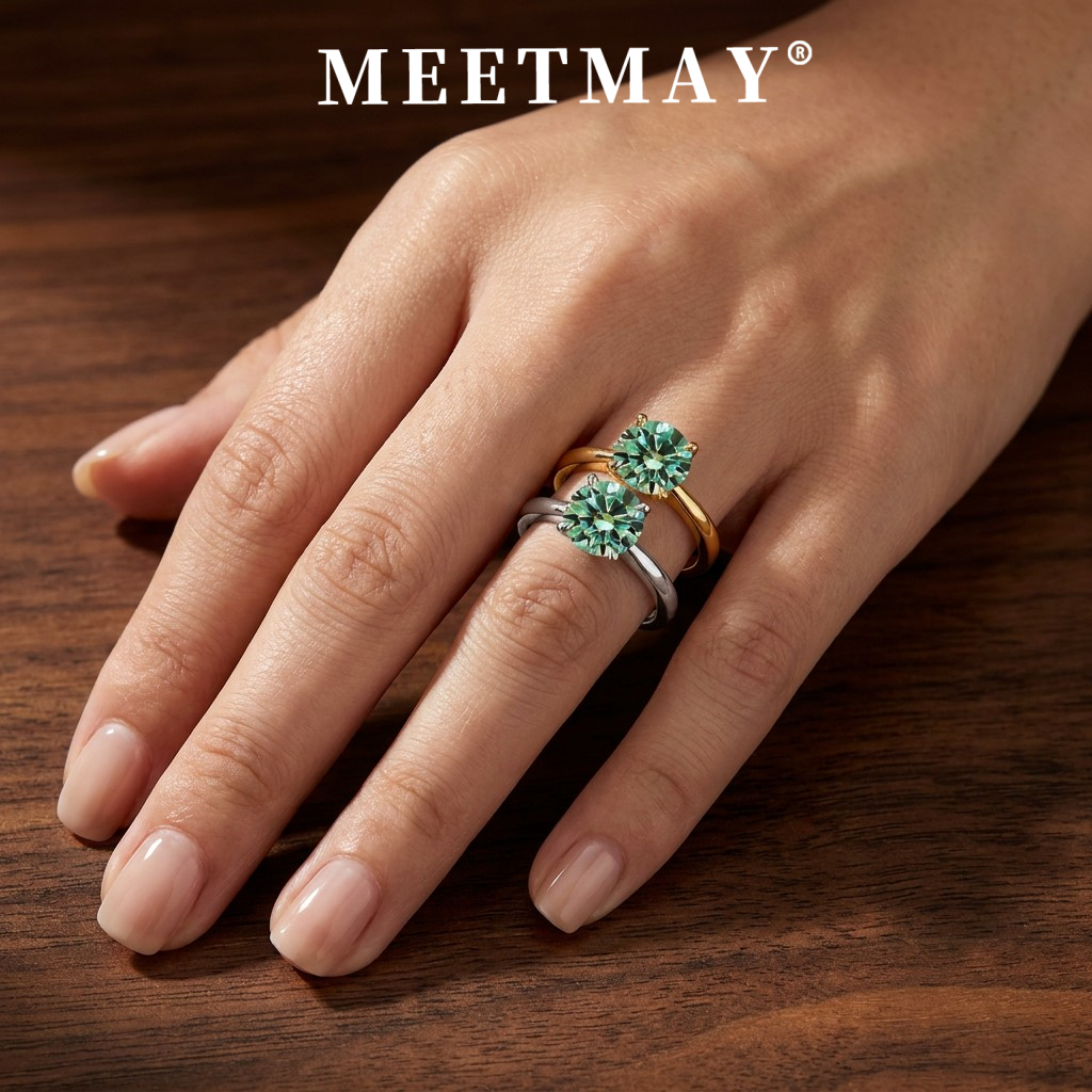 MEETMAY | Colorful Round-Cut Moissanite Adjustable Ring – S925 Sterling Silver 18K Gold Plated, GRA Certified