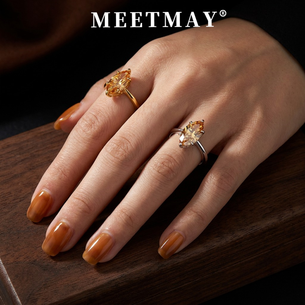 MEETMAY | Colorful Marquise-Cut Moissanite Adjustable Ring – S925 Sterling Silver 18K Gold Plated, GRA Certified