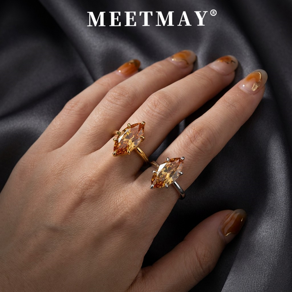 MEETMAY | Colorful Marquise-Cut Moissanite Adjustable Ring – S925 Sterling Silver 18K Gold Plated, GRA Certified