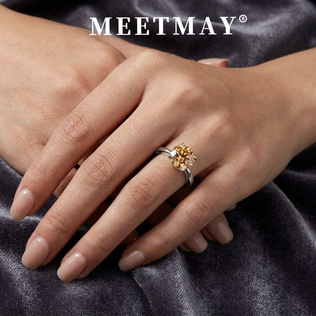 MEETMAY | Colorful Round-Cut Moissanite Adjustable Ring – S925 Sterling Silver 18K Gold Plated, GRA Certified