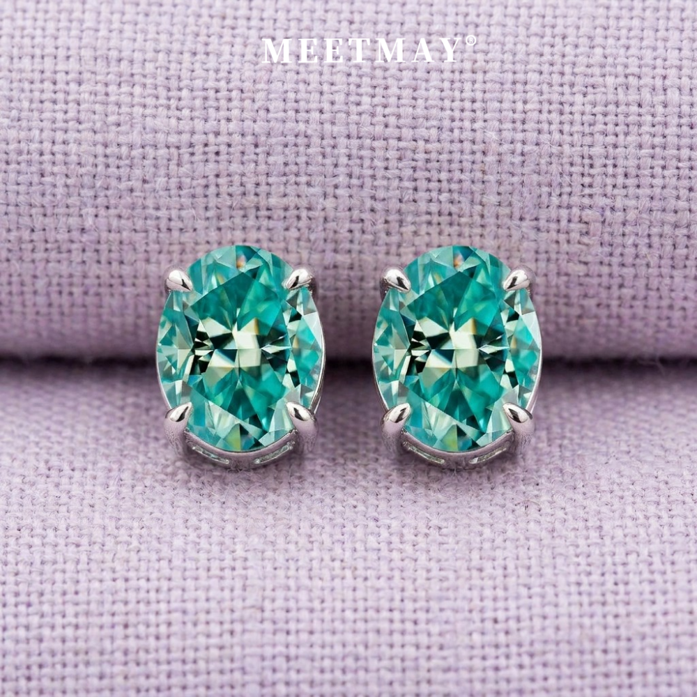 MEETMAY | Colorful Oval-Cut Moissanite Stud Earrings – S925 Sterling Silver 18K Gold Plated, GRA Certified